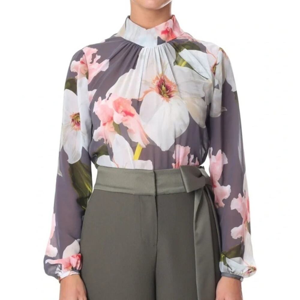 Ted Baker Tily Ruched Blouse Gray Chatsworth Bloom NWT Long Sleeve Women's 2